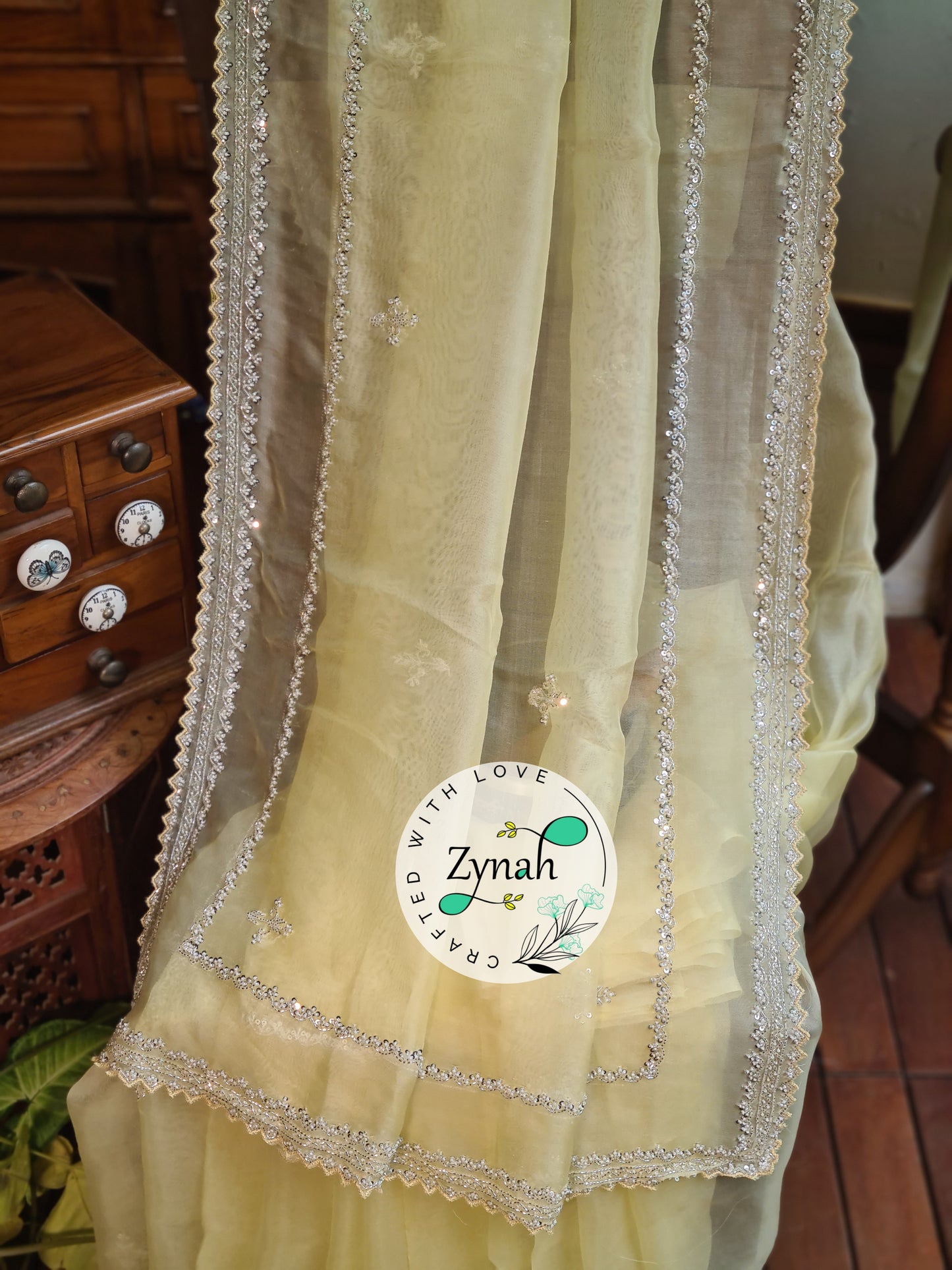 Zynah Yellow Color Pure Organza Silk Saree with Sequence, Pearls & Cut-dana Work; Custom Stitched/Ready-made Blouse, Fall, Petticoat; Shipping available USA, Worldwide