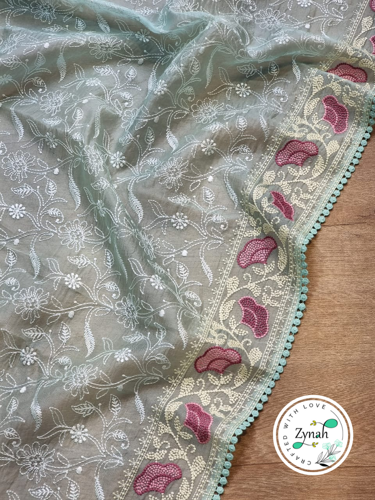 Zynah Teal Color Pure Organza Silk Chikankari  Embroidery Saree with Crochet Lace  in Pastel Shades; Available in many colors; stitched readymade blouse,fall,petticoat,available in USA