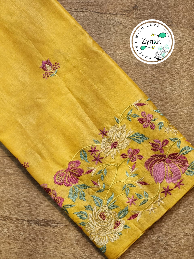 Zynah Yellow Color Pure Tussar Silk Embroidered Saree with Vibrant Tassels; Custom Stitched/Ready-made Blouse, Fall, Petticoat; Shipping available USA, Worldwide