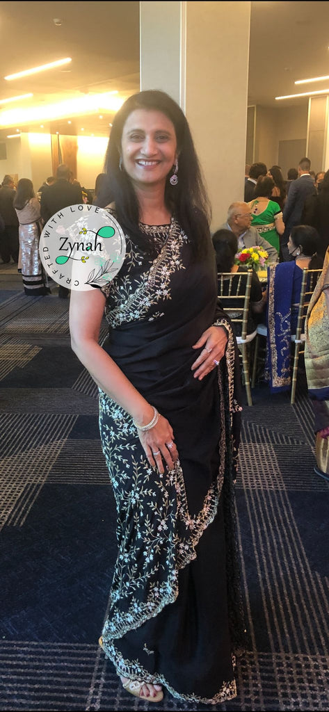 Zynah Pure Crepe Silk Saree with Beads, Pearl, Cut-dana Hand-work; Custom Stitched/Ready-made Blouse, Fall, Petticoat; Shipping available USA, Worldwide