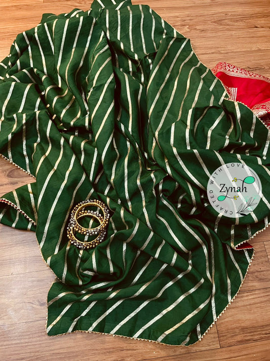 Zynah Pure Munga Silk Saree with Diagonal Stripes, Lehariya Style Weaving & Lace Border; Custom Stitched/Ready-made Blouse, Fall, Petticoat; Shipping available USA, Worldwide