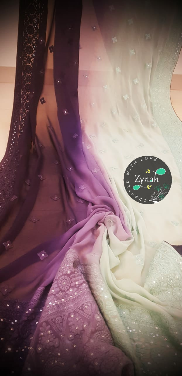 Zynah Pure Georgette Double-shaded Chikankari Saree with Sequence work; Custom Stitched/Ready-made Blouse, Fall, Petticoat; Shipping available USA, Worldwide
