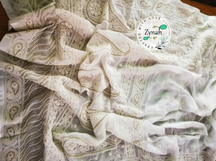 Zynah Pure Georgette Chikankari Saree with Sequence work; Custom Stitched/Ready-made Blouse, Fall, Petticoat; Shipping available USA, Worldwide