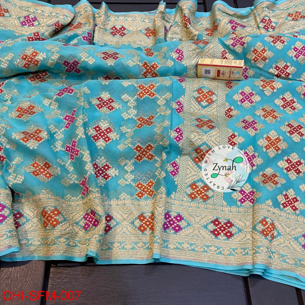 Zynah Pure Khaddi Georgette Meenakari Saree with Golden Zari Weave; Custom Stitched/Ready-made Blouse, Fall, Petticoat; Shipping available USA, Worldwide