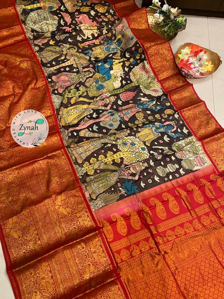 Zynah Made to Order Handloom Kanjivaram Silk Pen-Kalamkari Saree with zari weave; Custom Stitched/Ready-made Blouse, Fall, Petticoat; Shipping available USA, Worldwide