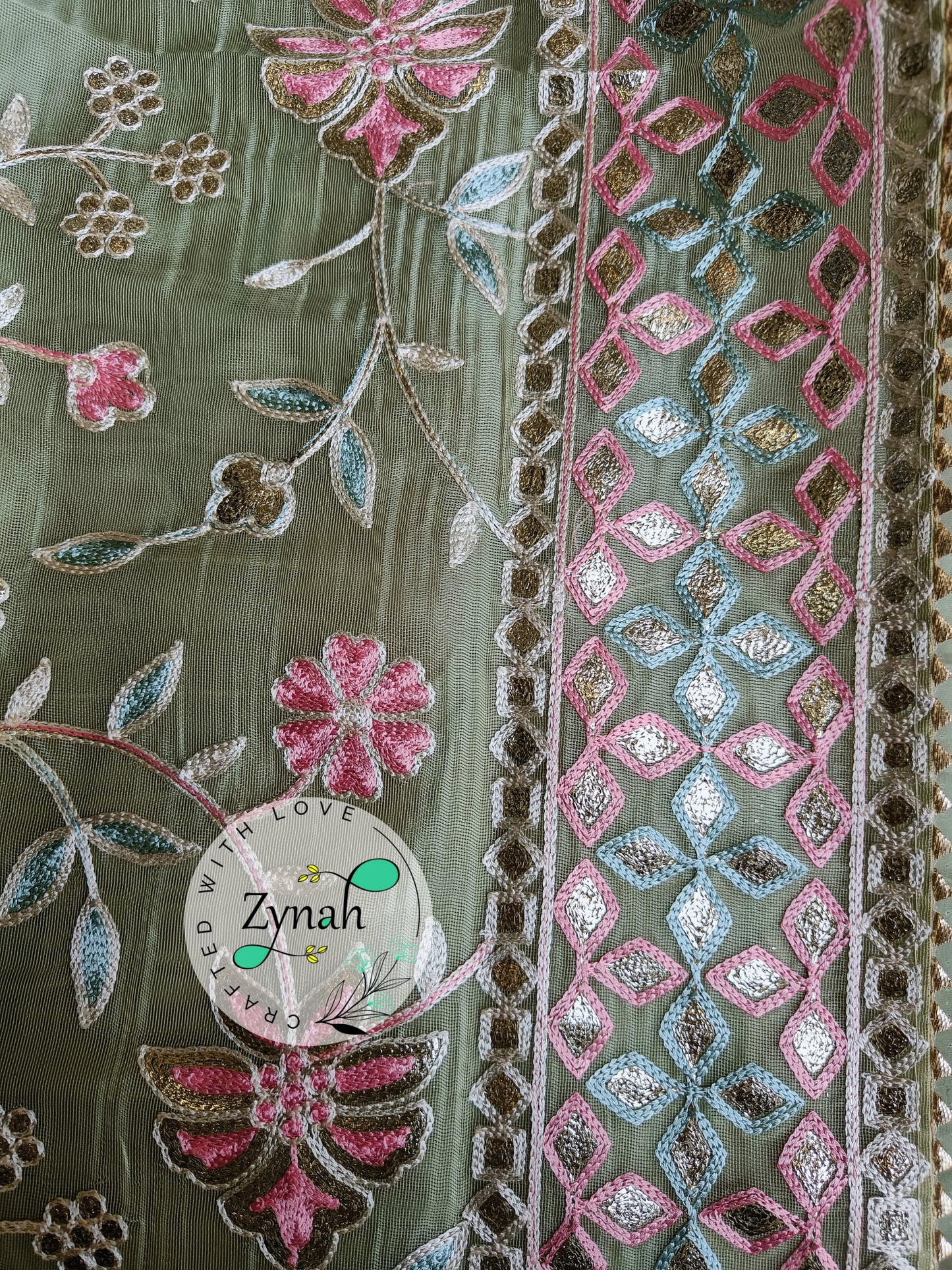 Zynah Pure Organza Silk Saree with Gotapatti Lace, Foil & Thread Embroidery Work; Custom Stitched/Ready-made Blouse, Fall, Petticoat; Shipping available USA, Worldwide