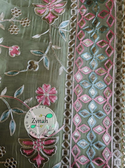 Zynah Pure Organza Silk Saree with Gotapatti Lace, Foil & Thread Embroidery Work; Custom Stitched/Ready-made Blouse, Fall, Petticoat; Shipping available USA, Worldwide