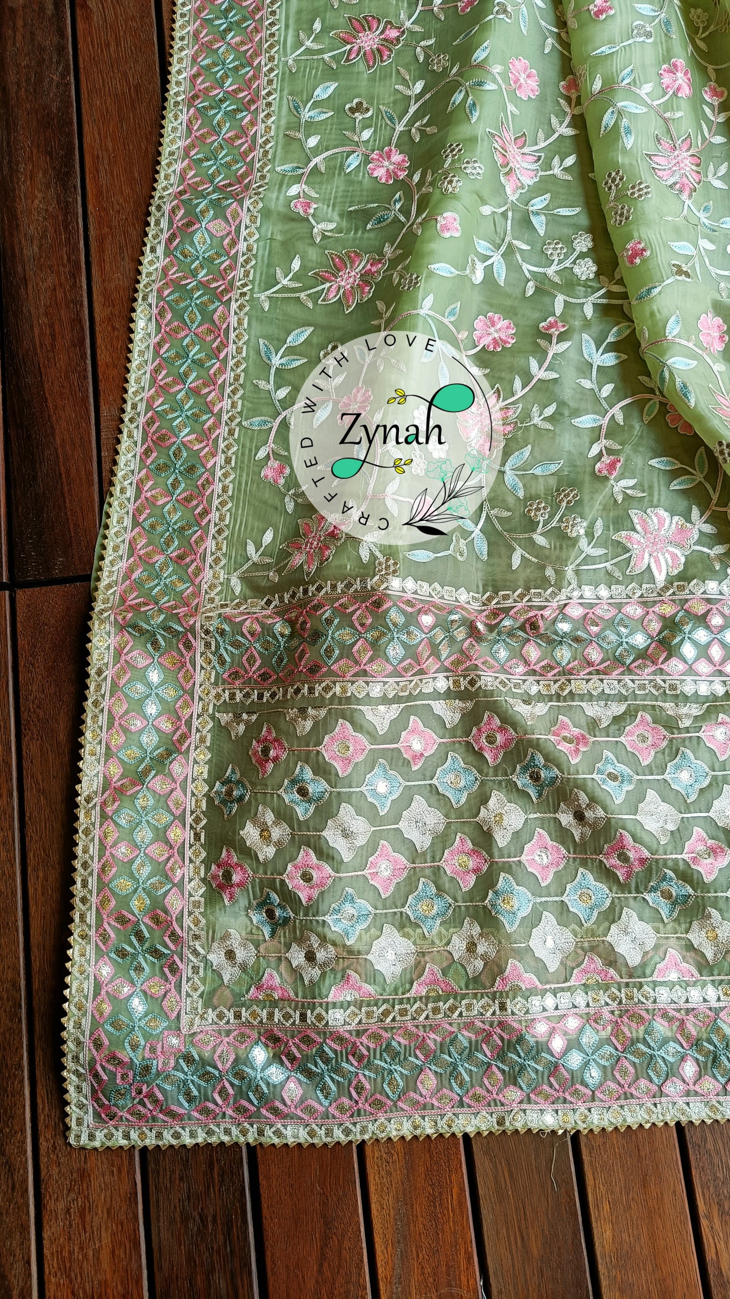 Zynah Pure Organza Silk Saree with Gotapatti Lace, Foil & Thread Embroidery Work; Custom Stitched/Ready-made Blouse, Fall, Petticoat; Shipping available USA, Worldwide