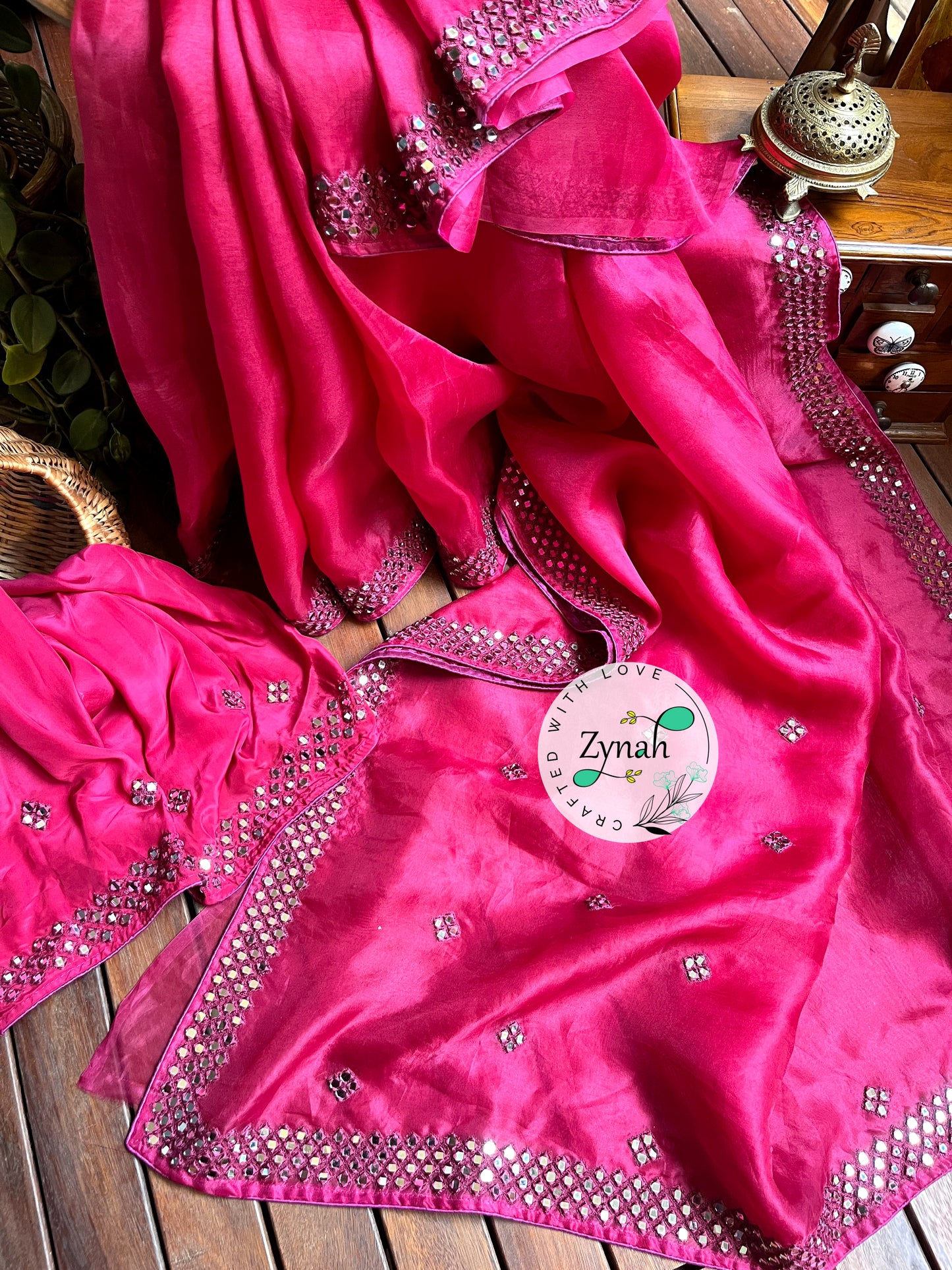 Zynah Pure Organza Silk Saree with Mirror Kutchi Work; Custom Stitched/Ready-made Blouse, Fall, Petticoat; Shipping available USA, Worldwide
