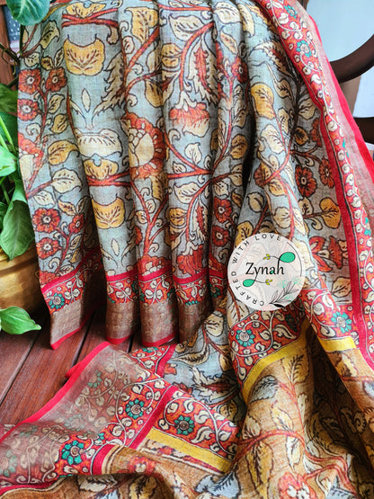 Zynah Blue Color Kalamkari Organic Lab Tested 120 Count pure 'Linen by Linen' Saree; Custom Stitched/Ready-made Blouse, Fall, Petticoat; Shipping available USA, Worldwide