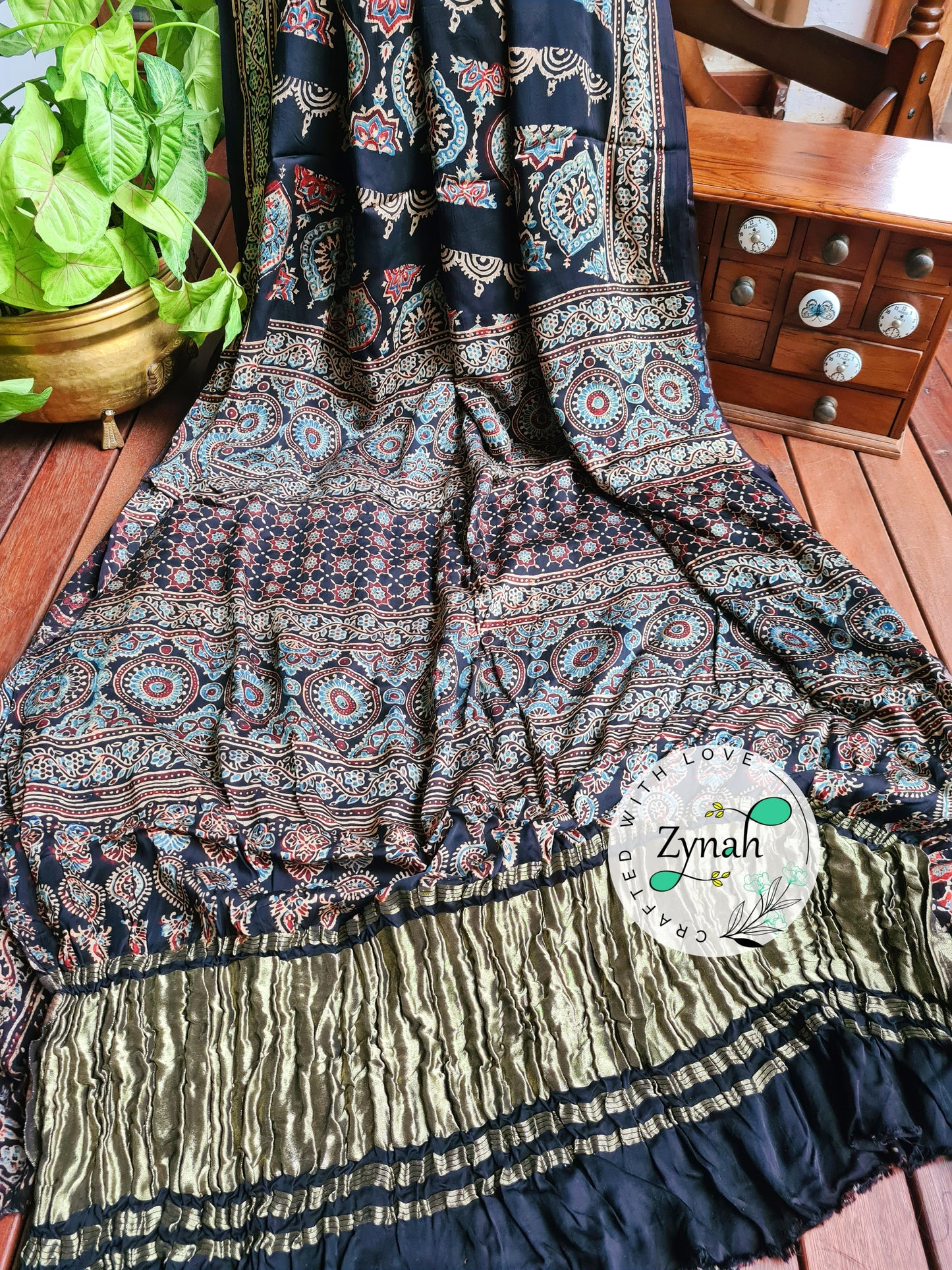 Zynah Black Color Pure Modal Silk Ajrakh Saree with Handblock Prints; Custom Stitched/Ready-made Blouse, Fall, Petticoat; Shipping available USA, Worldwide