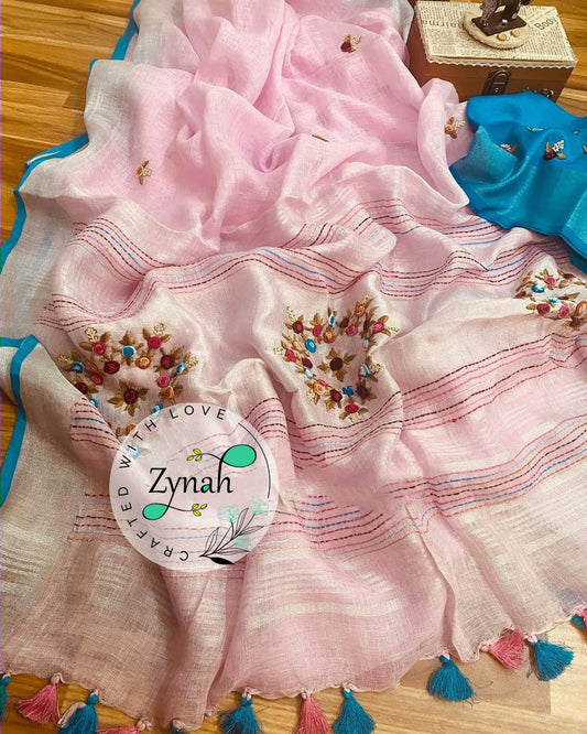 Zynah Pure Linen(120c) Handcrafted Saree with French Knot Hand Embroidery; Custom Stitched/Ready-made Blouse, Fall, Petticoat; Shipping available USA, Worldwide
