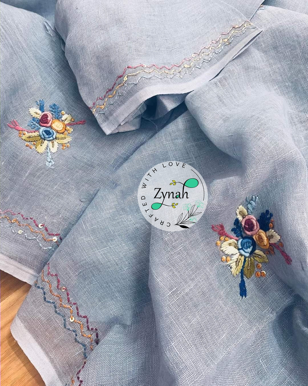 Zynah Pure Linen(120c) Handcrafted Saree with French Knot Hand Embroidery; Custom Stitched/Ready-made Blouse, Fall, Petticoat; Shipping available USA, Worldwide