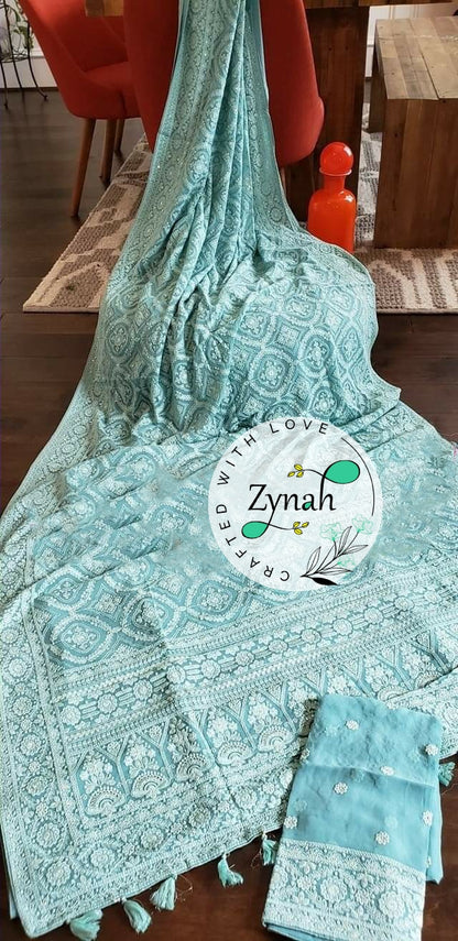 Zynah Pure Georgette Saree with Chikankari & Sequence Work; Custom Stitched/Ready-made Blouse, Fall, Petticoat; Shipping available USA, Worldwide