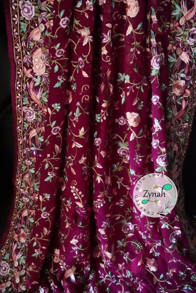 Zynah Pure Georgette Saree with Parsi Gara Inspired Embroidery; Custom Stitched/Ready-made Blouse, Fall, Petticoat; Shipping available USA, Worldwide