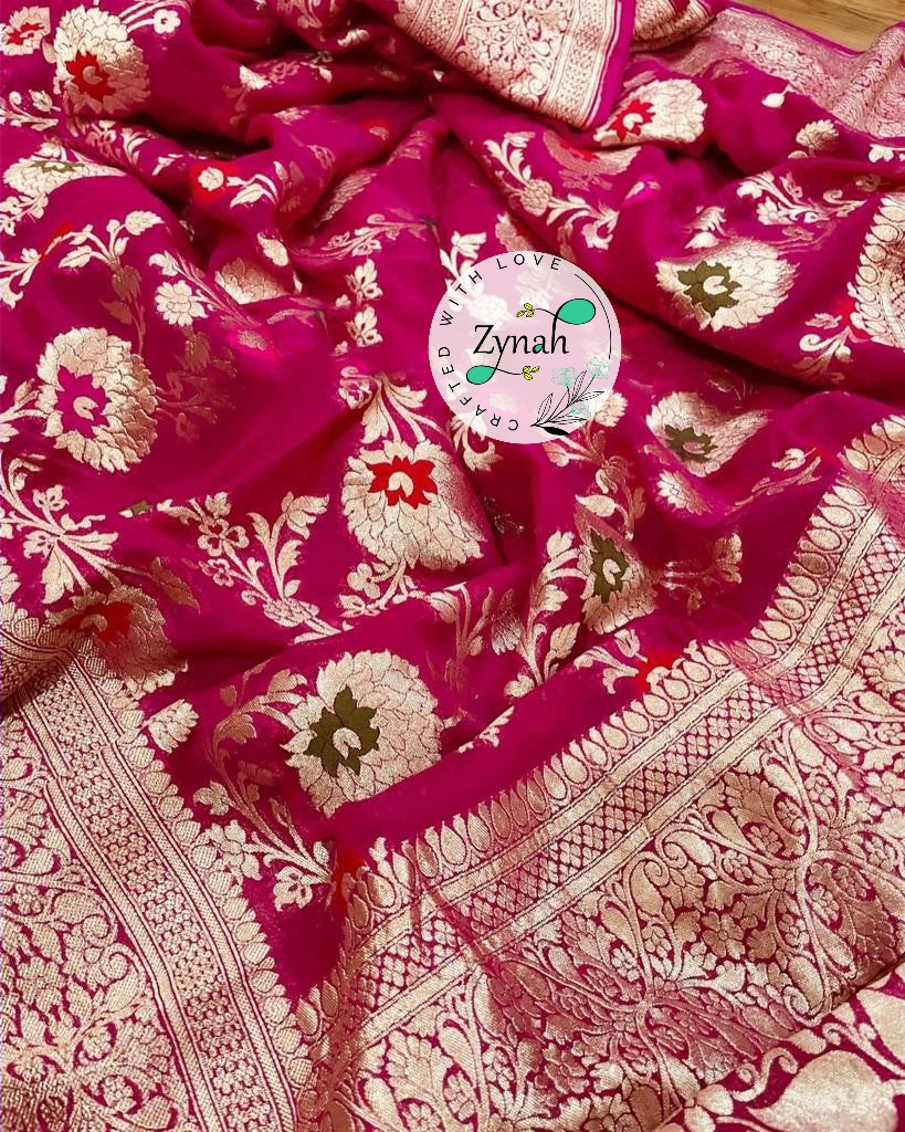 Zynah Pink Color Pure Khaddi Georgette Banarasi Saree with Golden Zari & Meenakari Weaved Motifs; Custom Stitched/Ready-made Blouse, Fall, Petticoat; Shipping available USA, Worldwide