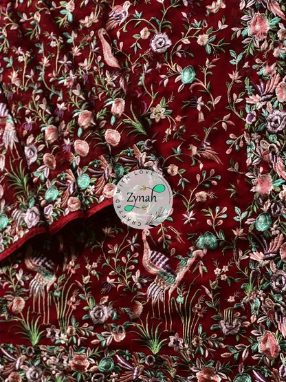 Zynah Pure Georgette Parsi Gara Inspired Embroidery Saree; Custom Stitched/Ready-made Blouse, Fall, Petticoat; Shipping available USA, Worldwide