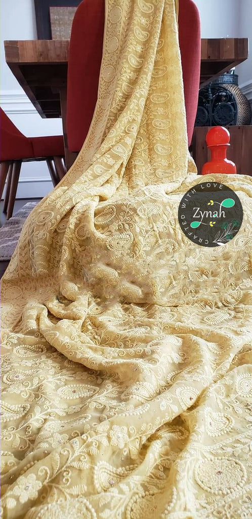 Zynah Pure Georgette Saree with Chikankari, Zari & Sequence Work; Custom Stitched/Ready-made Blouse, Fall, Petticoat; Shipping available USA, Worldwide