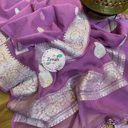 Zynah Pure Banarasi Handloom Khaddi Georgette Saree with Zari Border & Butis; Custom Stitched/Ready-made Blouse, Fall, Petticoat; Shipping available USA, Worldwide