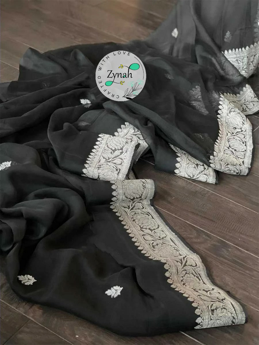 Zynah Pure Banarasi Handloom Khaddi Georgette Saree with Zari Border & Butis; Custom Stitched/Ready-made Blouse, Fall, Petticoat; Shipping available USA, Worldwide