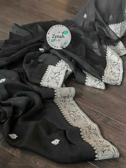 Zynah Pure Banarasi Handloom Khaddi Georgette Saree with Zari Border & Butis; Custom Stitched/Ready-made Blouse, Fall, Petticoat; Shipping available USA, Worldwide