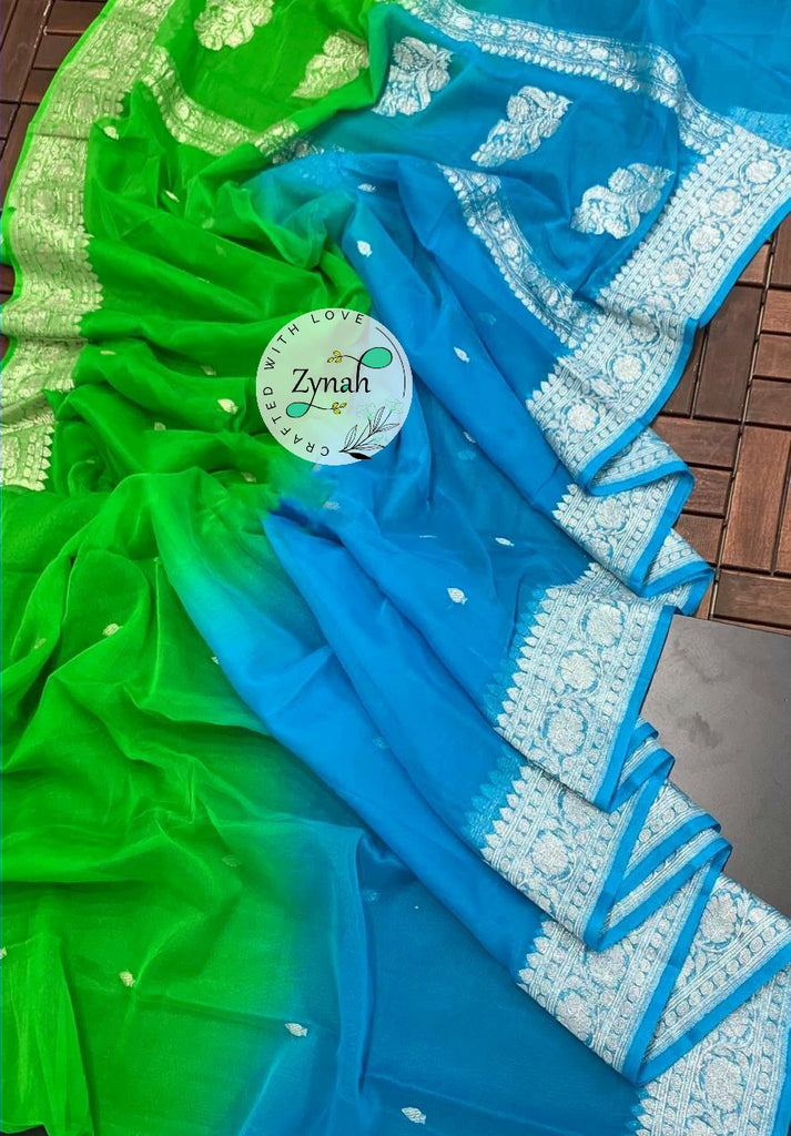 Zynah Pure Banarasi Handloom Khaddi Georgette Double-shaded Saree with Zari Weave; Custom Stitched/Ready-made Blouse, Fall, Petticoat; Shipping available USA, Worldwide