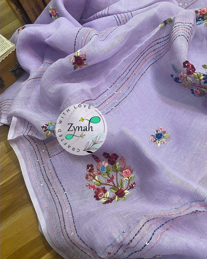 Zynah Pure Linen(120c) Handcrafted Saree with French Knot Hand Embroidery; Custom Stitched/Ready-made Blouse, Fall, Petticoat; Shipping available USA, Worldwide