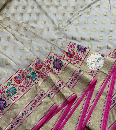 Zynah Pure Banarasi Soft Silk Meenakari Saree; Custom Stitched/Ready-made Blouse, Fall, Petticoat; Shipping available USA, Worldwide