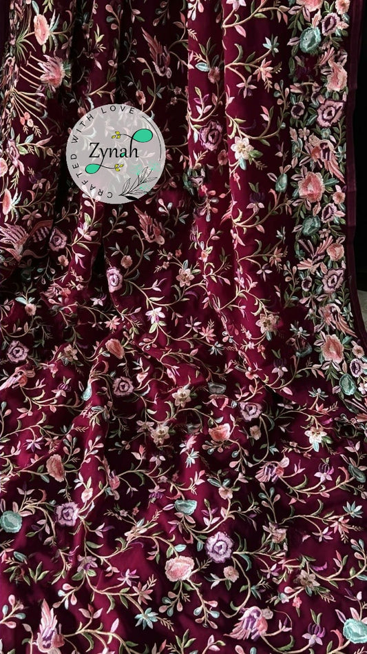Zynah Pure Georgette Parsi Gara Inspired Embroidery Saree; Custom Stitched/Ready-made Blouse, Fall, Petticoat; Shipping available USA, Worldwide