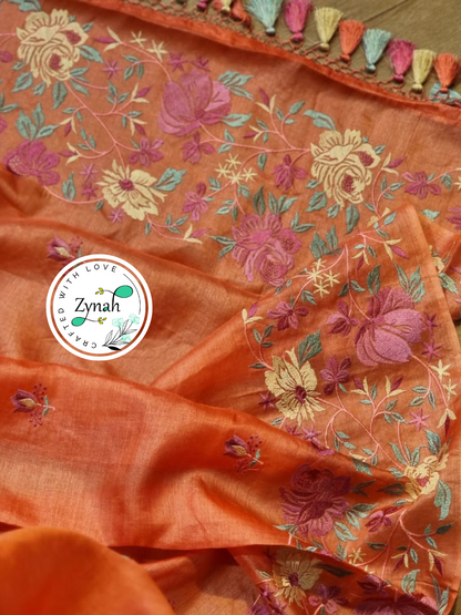 Zynah Pink Color Pure Tussar Silk Embroidered Saree with Vibrant Tassels; Custom Stitched/Ready-made Blouse, Fall, Petticoat; Shipping available USA, Worldwide