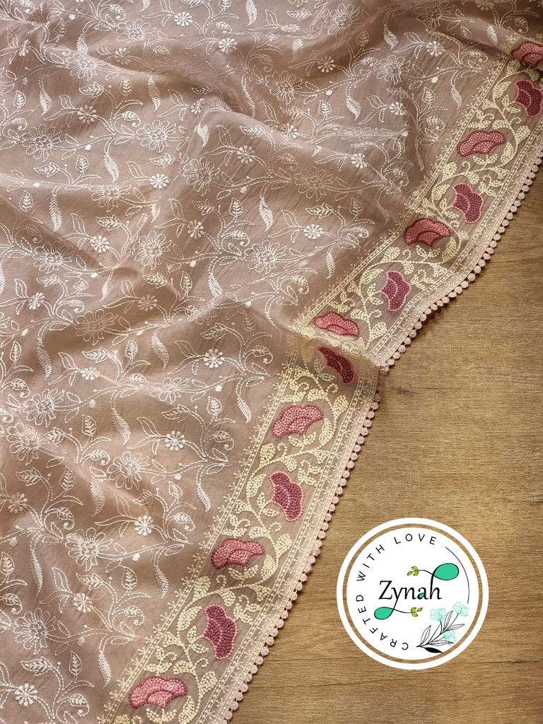 Zynah Peach Color Pure Organza Silk Chikankari  Embroidery Saree with Crochet Lace  in Pastel Shades; Available in many colors; stitched readymade blouse,fall,petticoat,available in USA