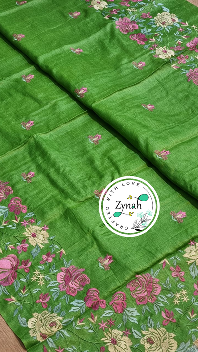 Zynah Green Color Pure Tussar Silk Embroidered Saree with Vibrant Tassels; Custom Stitched/Ready-made Blouse, Fall, Petticoat; Shipping available USA, Worldwide
