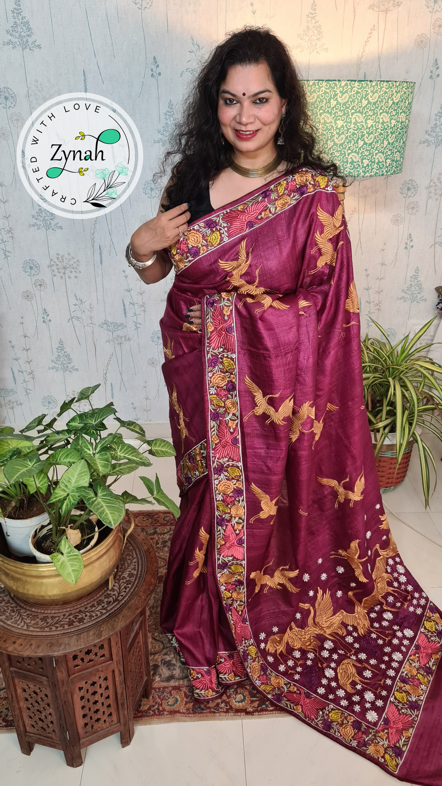 Zynah Wine Color Pure Tussar Silk Parsi work wine color Inspired Saree, Flamingo Bird Motifs; Custom Stitched/Ready-made Blouse, Fall, Petticoat; Shipping available USA, Worldwide