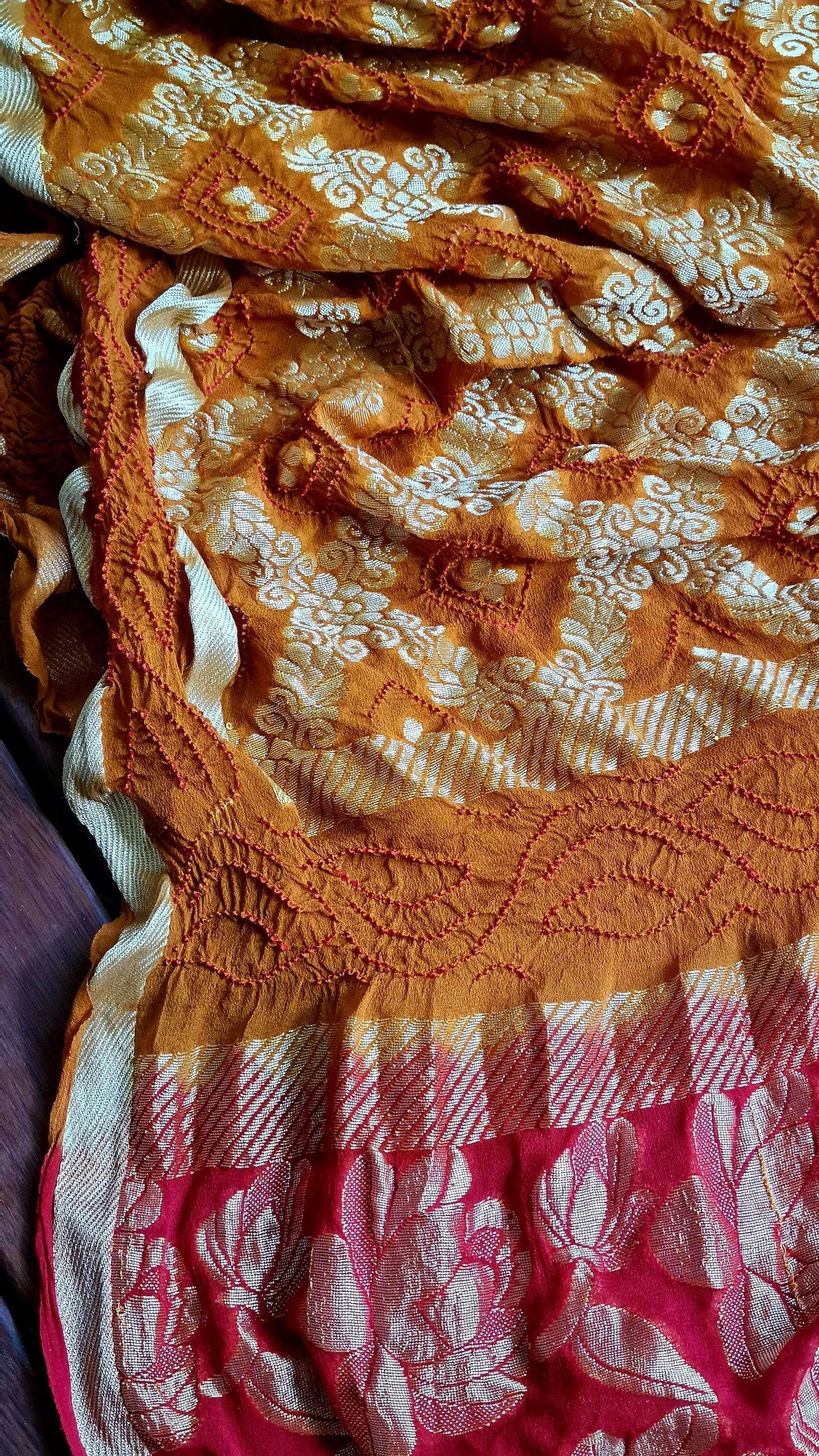 Zynah Pure Georgette Designer Bandhani Saree with Gharchola & Zari Weave; Custom Stitched/Ready-made Blouse, Fall, Petticoat; Shipping available USA, Worldwide