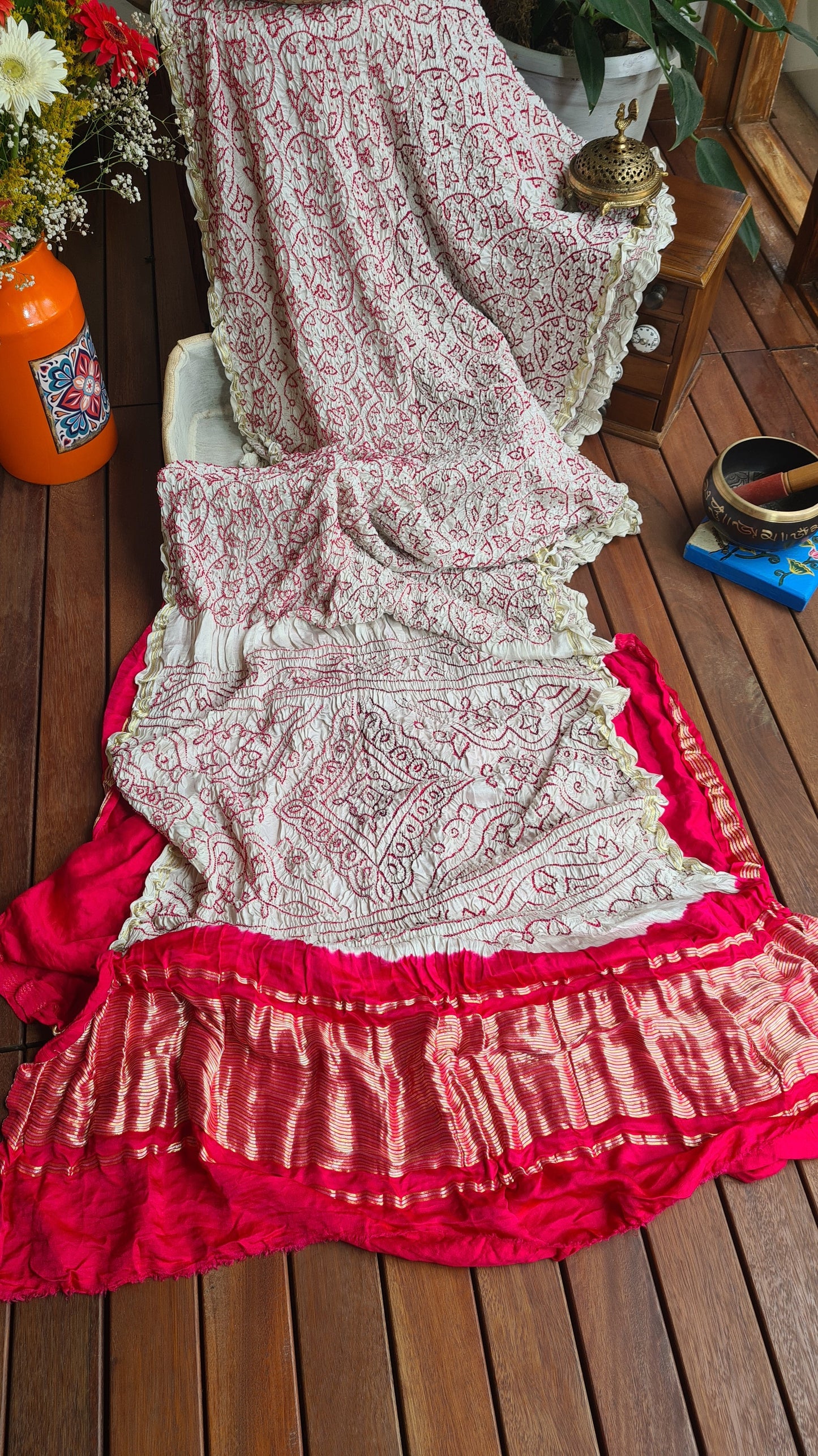 Zynah Pure Gajji Silk Designer Bandhani Saree with Zari Border & Pallu; Custom Stitched/Ready-made Blouse, Fall, Petticoat; Shipping available USA, Worldwide