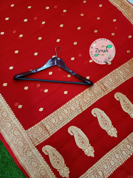 Zynah Pure Banarasi Handloom Khaddi Georgette Saree with Zari Border & Butis; Custom Stitched/Ready-made Blouse, Fall, Petticoat; Shipping available USA, Worldwide