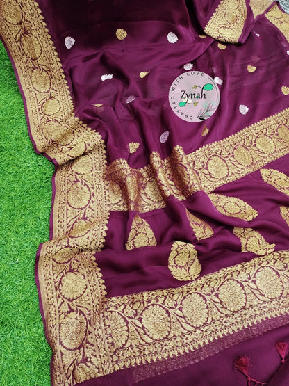 Zynah Pure Banarasi Handloom Khaddi Georgette Saree with Zari Border & Butis; Custom Stitched/Ready-made Blouse, Fall, Petticoat; Shipping available USA, Worldwide
