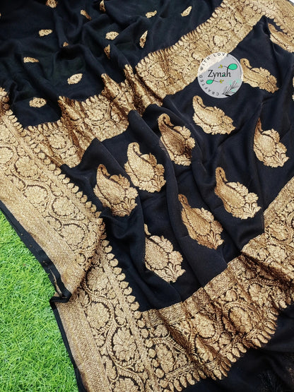 Zynah Pure Banarasi Handloom Khaddi Georgette Saree with Zari Border & Butis; Custom Stitched/Ready-made Blouse, Fall, Petticoat; Shipping available USA, Worldwide