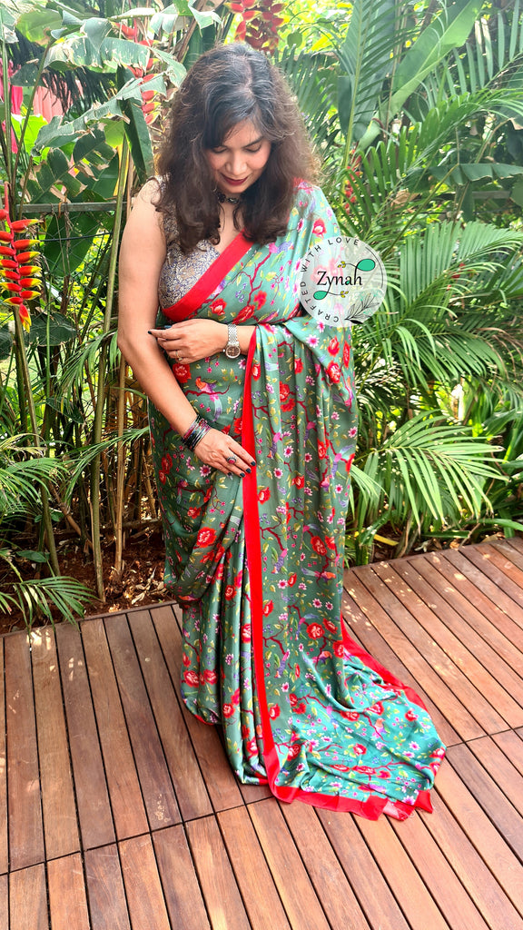 Zynah Pure Satin Silk Saree with Floral Prints; Custom Stitched/Ready-made Blouse, Fall, Petticoat; Shipping available USA, Worldwide
