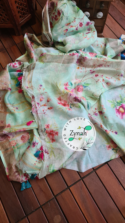 Zynah Organic Pure Linen by Linen(120c) Saree with Digital Floral Prints & Zari Border; Custom Stitched/Ready-made Blouse, Fall, Petticoat; Shipping available USA, Worldwide