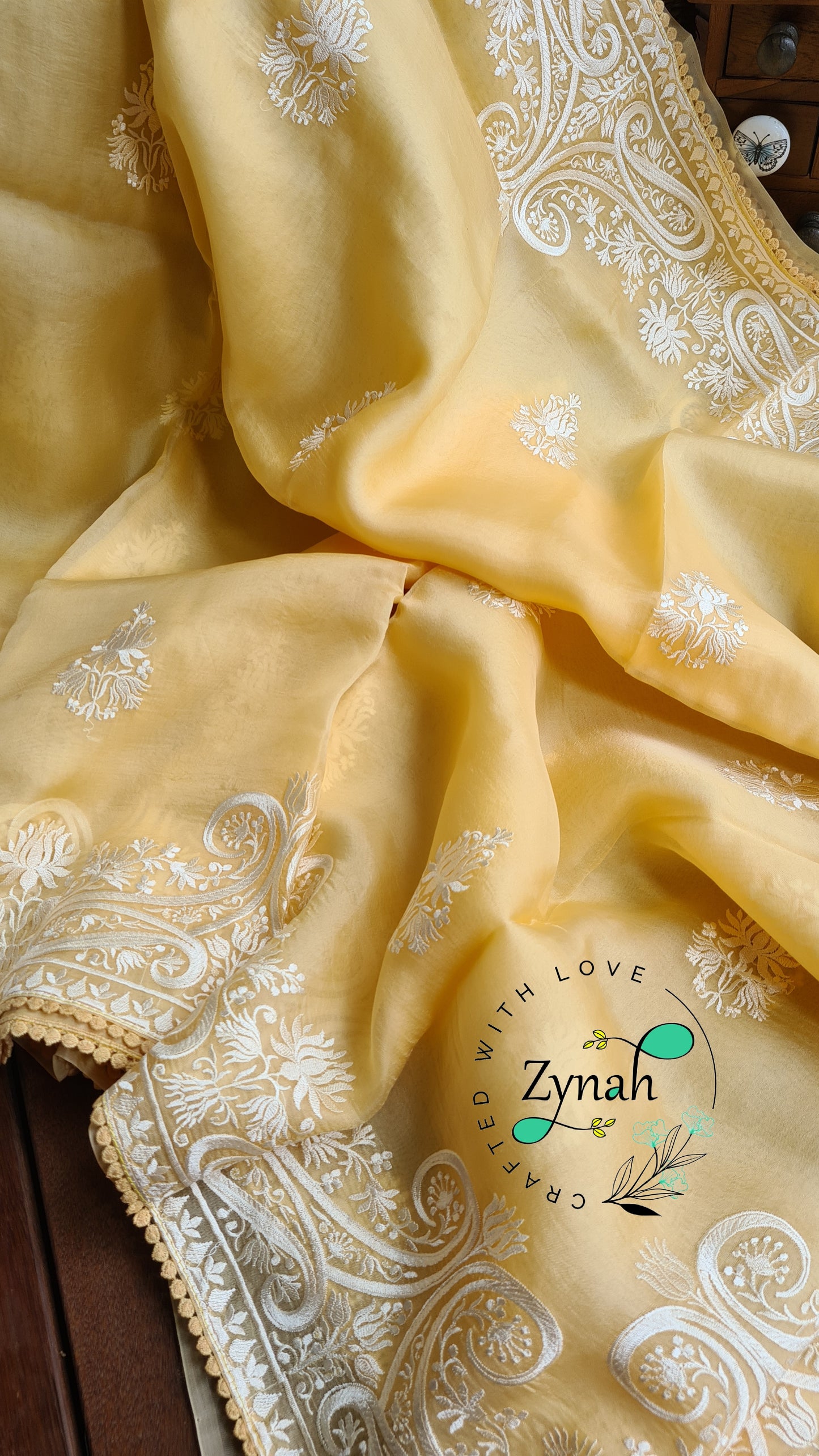 Zynah Pure Organza Silk Saree with Thread Embroidery & Crochet lace Border; Custom Stitched/Ready-made Blouse, Fall, Petticoat; Shipping available USA, Worldwide