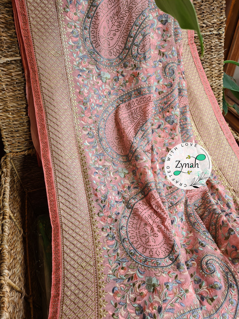 Zynah Pure Chinnon Georgette Kashmiri Kashida Inspired Saree with Hand-embellished Work; Custom Stitched/Ready-made Blouse, Fall, Petticoat; Shipping available USA, Worldwide