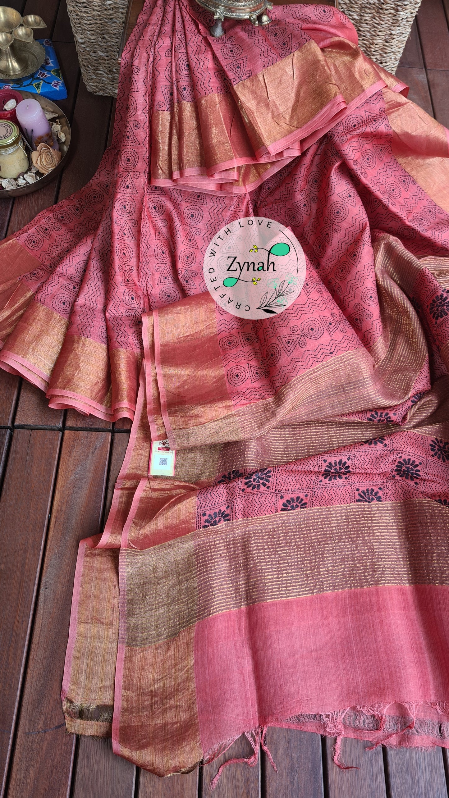 Zynah Handwoven Kantha Silk Saree, Zari Border; Custom Stitched/Ready-made Blouse, Fall, Petticoat; Shipping available USA, Worldwide