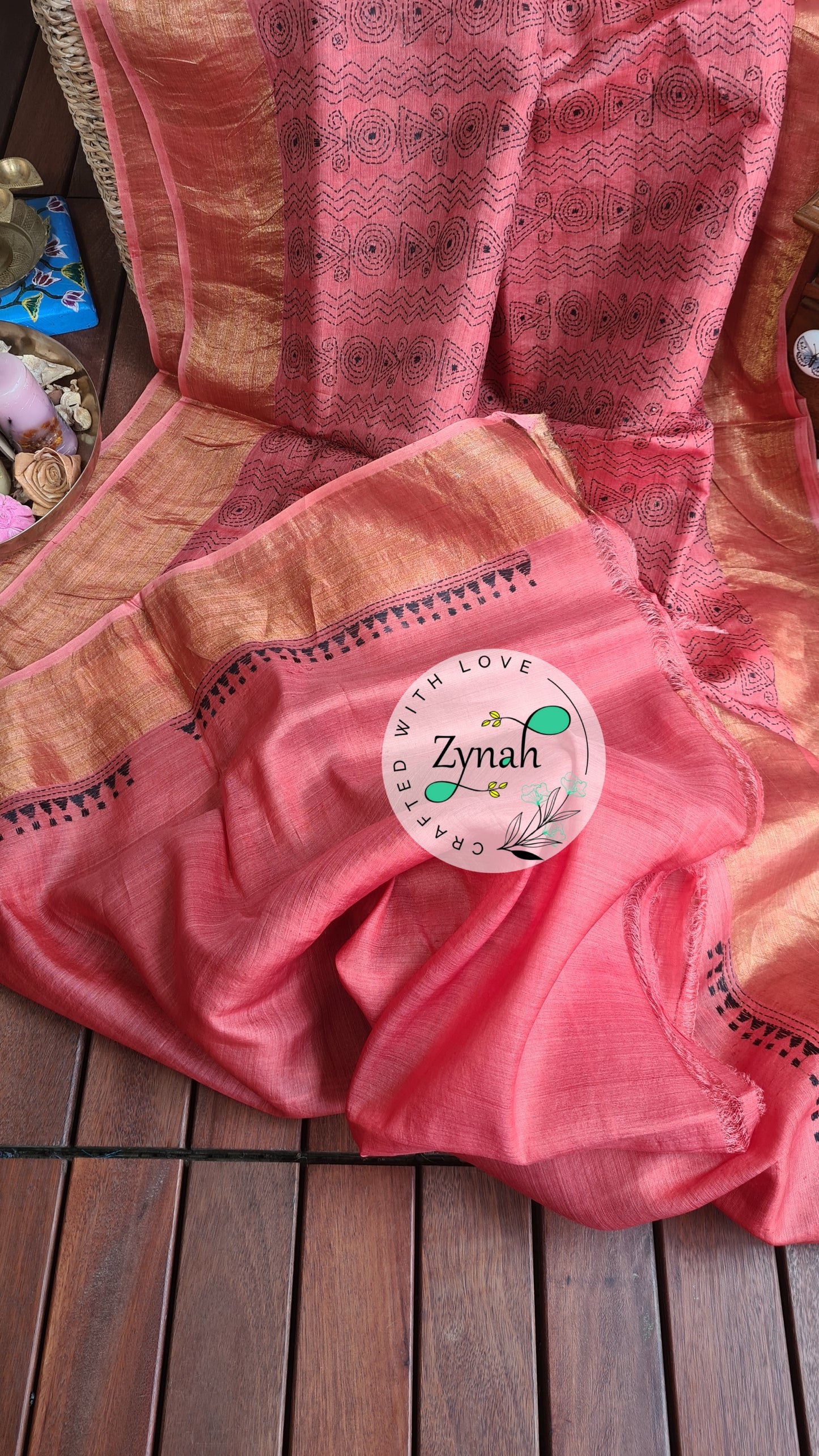 Zynah Handwoven Kantha Silk Saree, Zari Border; Custom Stitched/Ready-made Blouse, Fall, Petticoat; Shipping available USA, Worldwide