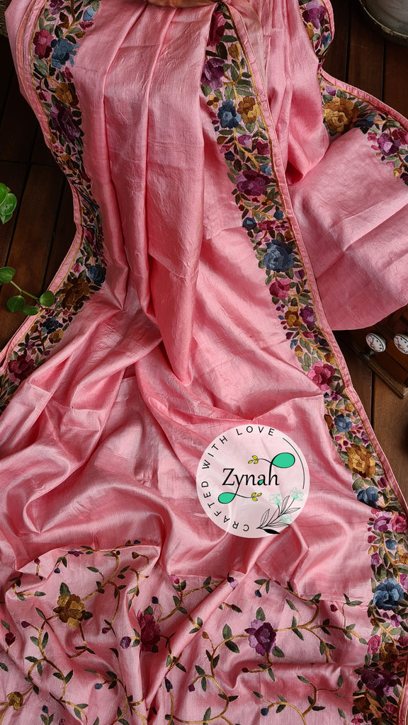Zynah Made to Order Pure Tussar Silk Parsi Gara Handcrafted Saree; Custom Stitched/Ready-made Blouse, Fall, Petticoat; Shipping available USA, Worldwide