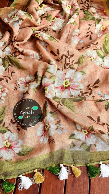 Zynah Organic Pure Linen by Linen(120c) Saree with Digital Floral Prints & Zari Border; Custom Stitched/Ready-made Blouse, Fall, Petticoat; Shipping available USA, Worldwide