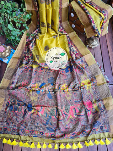 Zynah Pure Tussar Silk Saree with Digital Kalamkari Prints; Custom Stitched/Ready-made Blouse, Fall, Petticoat; Shipping available USA, Worldwide