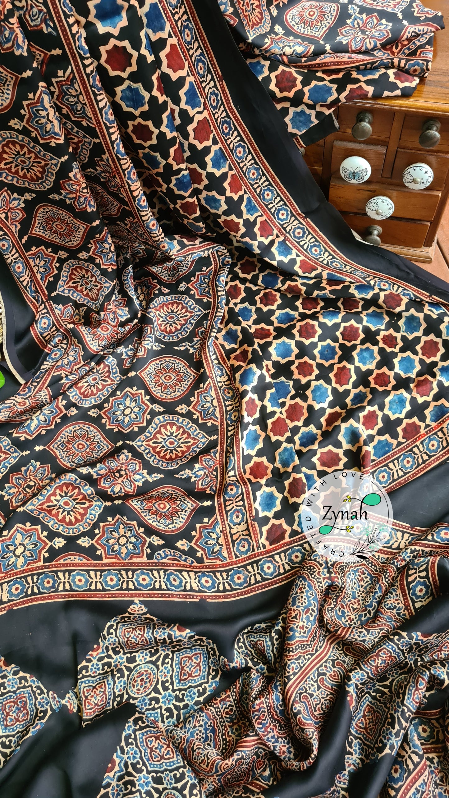 Zynah Pure Modal Silk Ajrakh Saree with Handblock Prints; Custom Stitched/Ready-made Blouse, Fall, Petticoat; Shipping available USA, Worldwide
