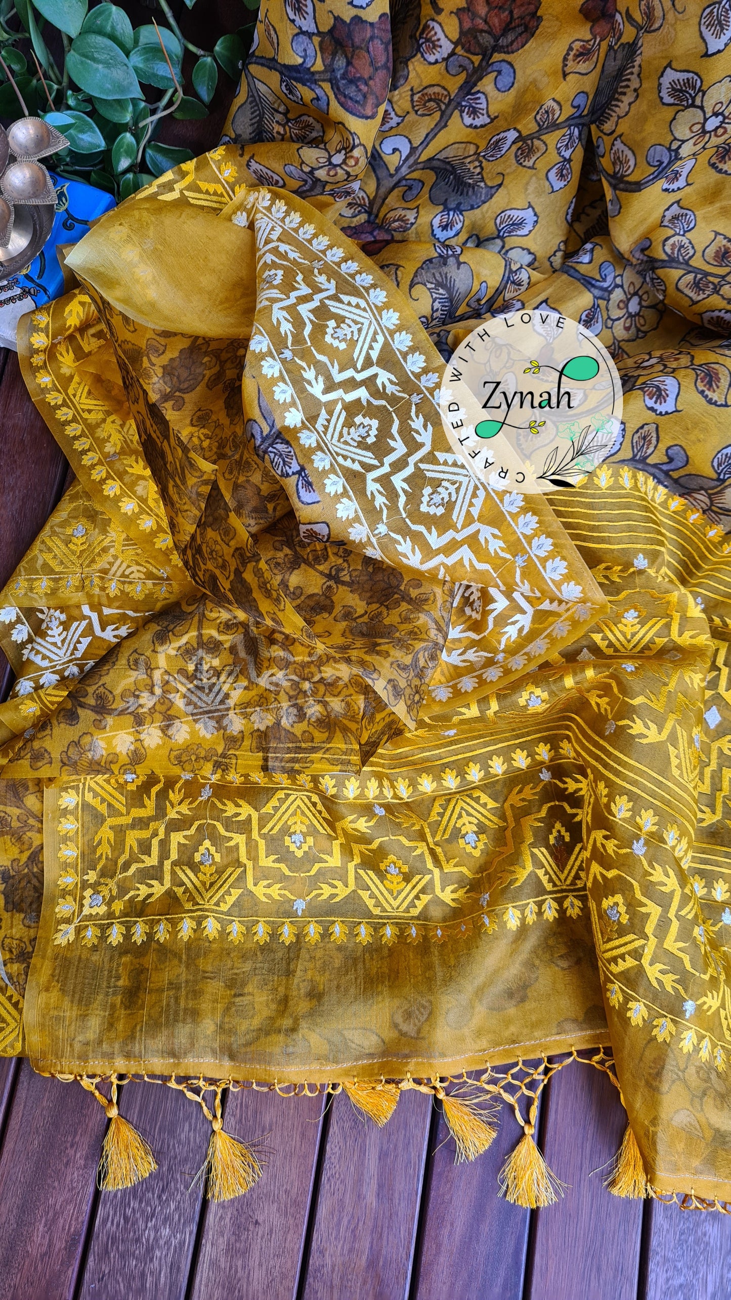 Zynah Pure Organza Silk Kalamkari Saree with Dhakai Jamdhani Thread Embroidery; Custom Stitched/Ready-made Blouse, Fall, Petticoat; Shipping available USA, Worldwide