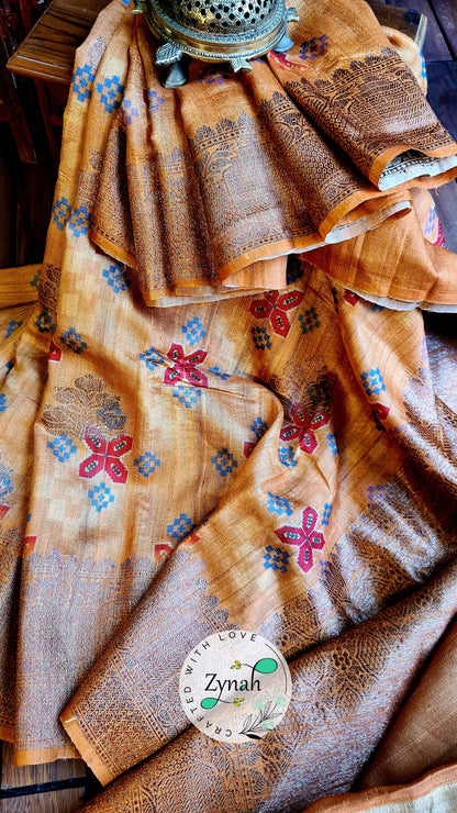 Zynah Pure Tussar Silk Banarasi Patan Patola inspired Saree with Antique zari weave; Custom Stitched/Ready-made Blouse, Fall, Petticoat; Shipping available USA, Worldwide
